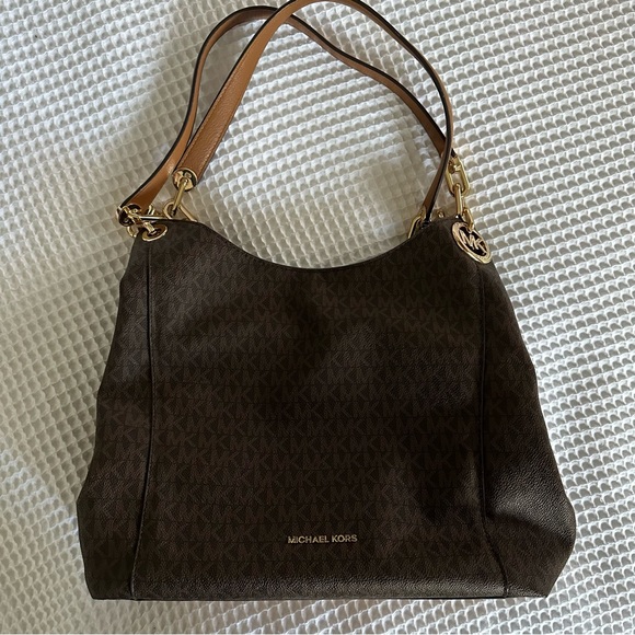 Michael Kors Fulton Large Signature Charm Hobo Shoulder Bag Tote Brown MK Logo - Picture 7 of 16